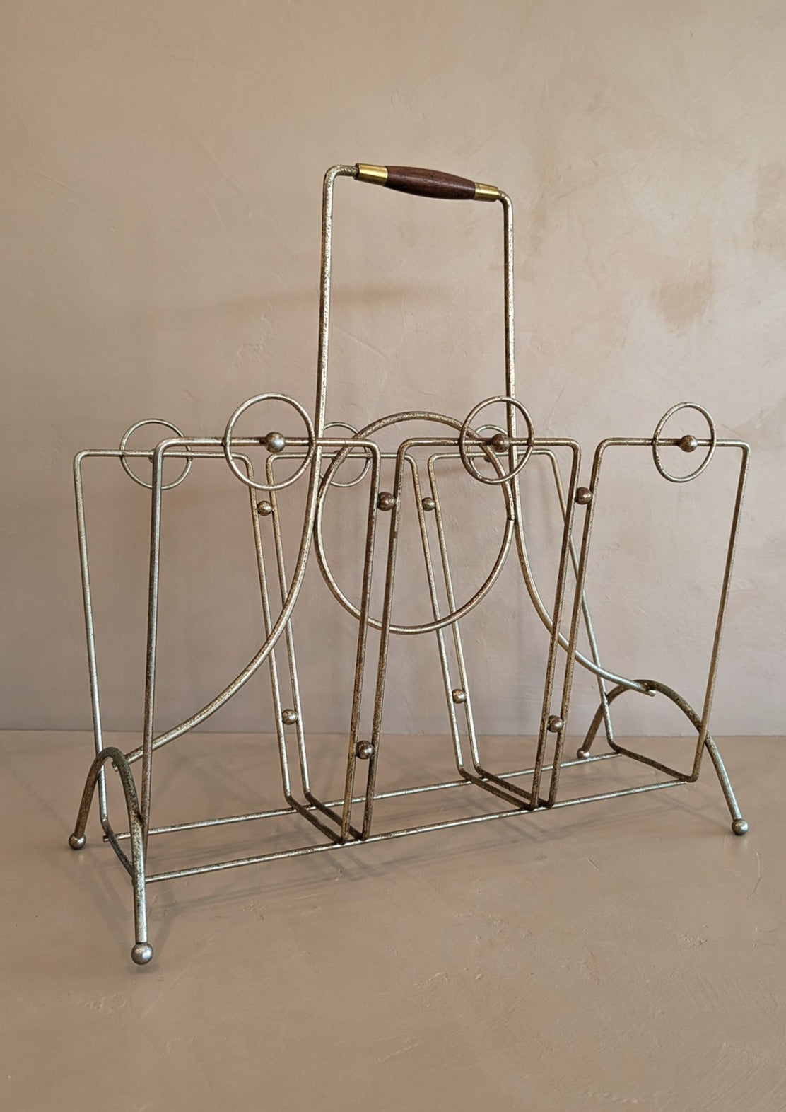 Midcentury Brass and Wood Magazine Rack