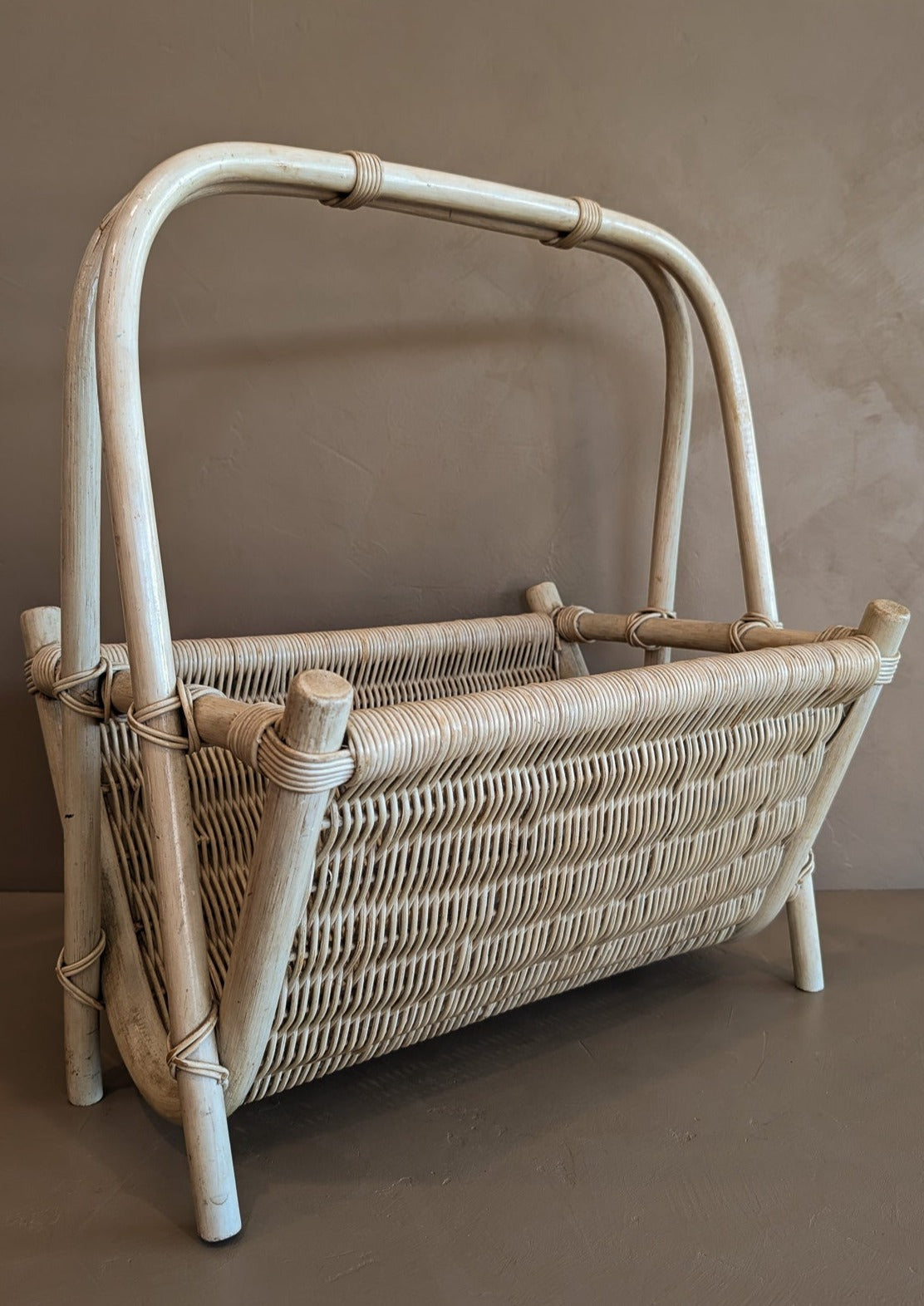 Vintage Whitewash Rattan and Wicker Magazine Rack