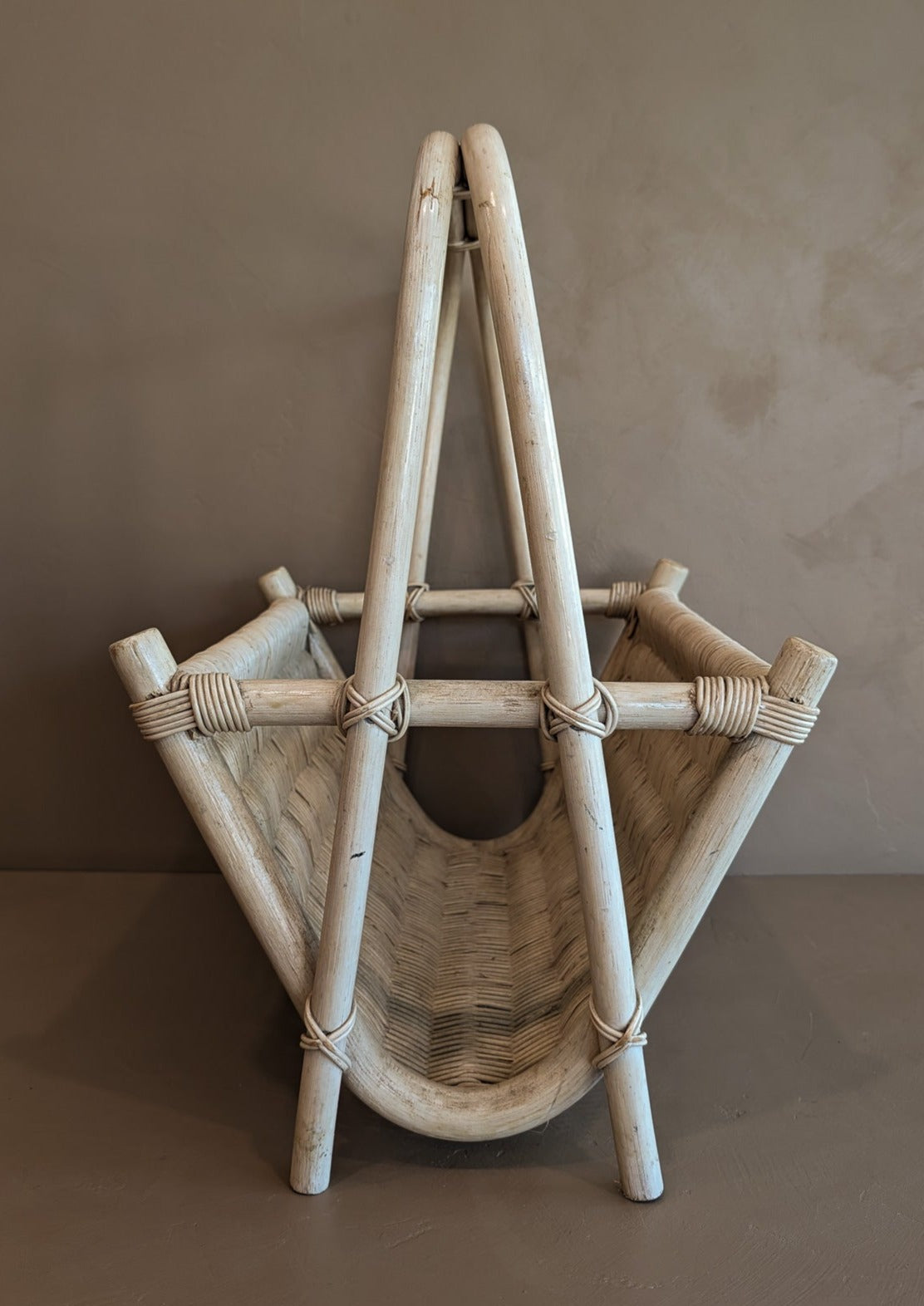 Vintage Whitewash Rattan and Wicker Magazine Rack