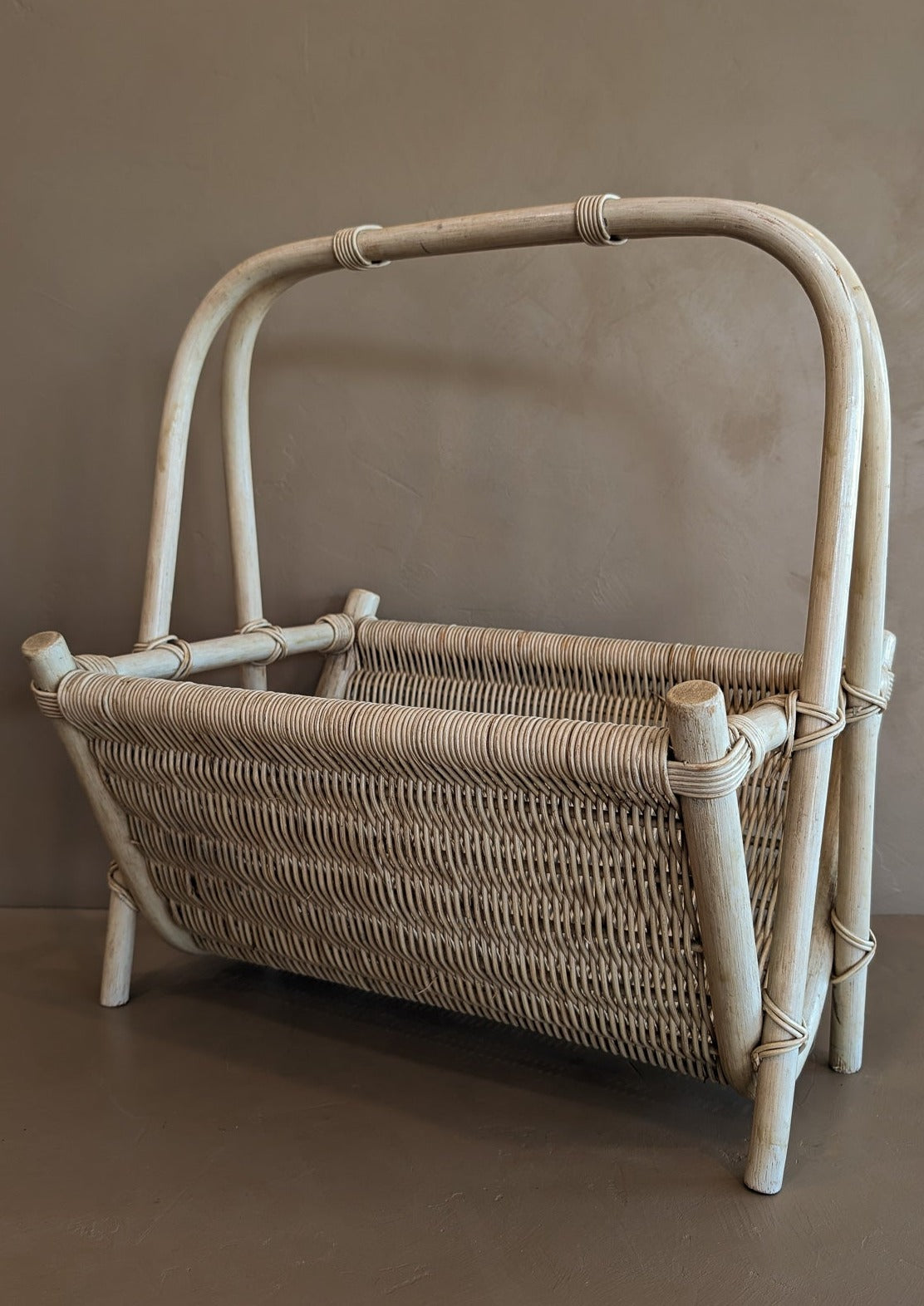 Vintage Whitewash Rattan and Wicker Magazine Rack