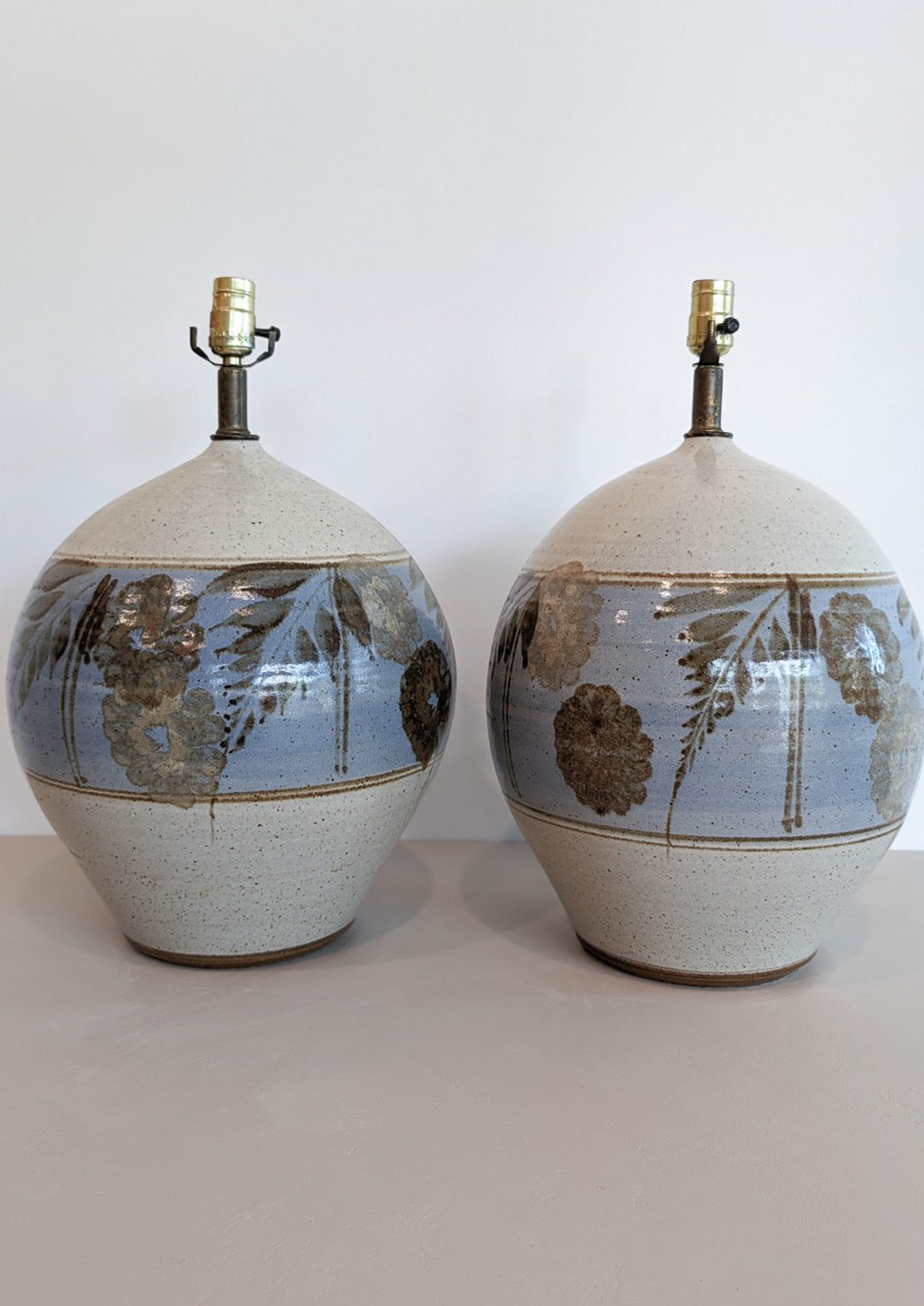 Pair of Large Midcentury Stoneware Table Lamps with Blue and Brown Floral Detailing