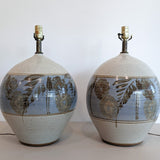 Pair of Large Midcentury Stoneware Table Lamps with Blue and Brown Floral Detailing