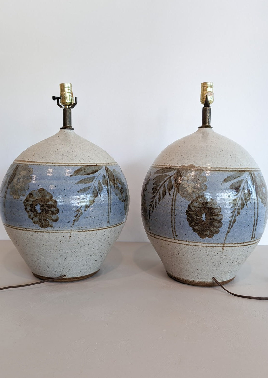 Pair of Large Midcentury Stoneware Table Lamps with Blue and Brown Floral Detailing