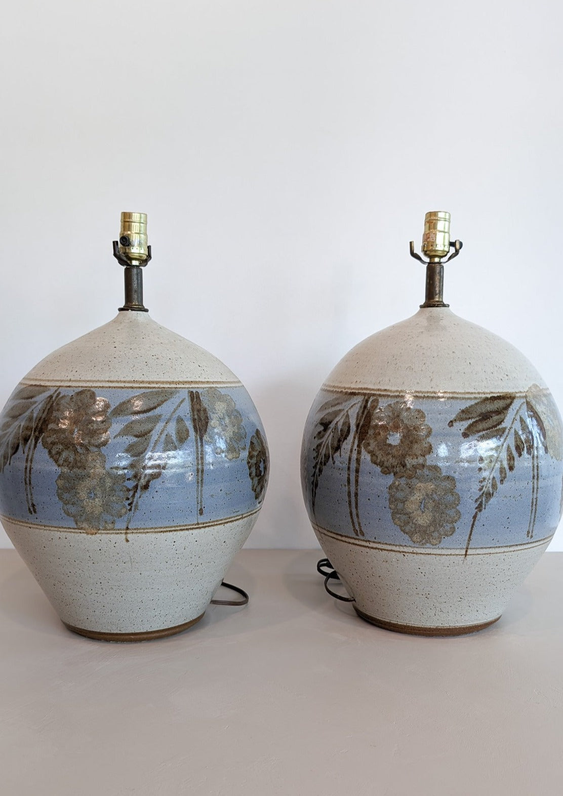 Pair of Large Midcentury Stoneware Table Lamps with Blue and Brown Floral Detailing