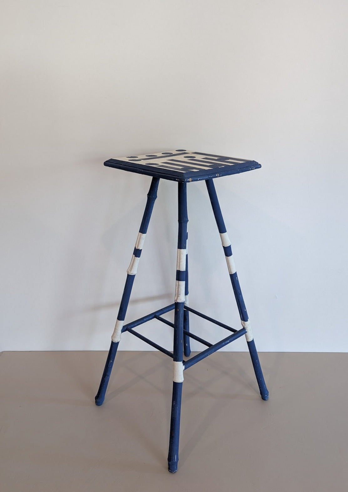 Vintage Blue and White Geometric Folk Art Bamboo Side Table