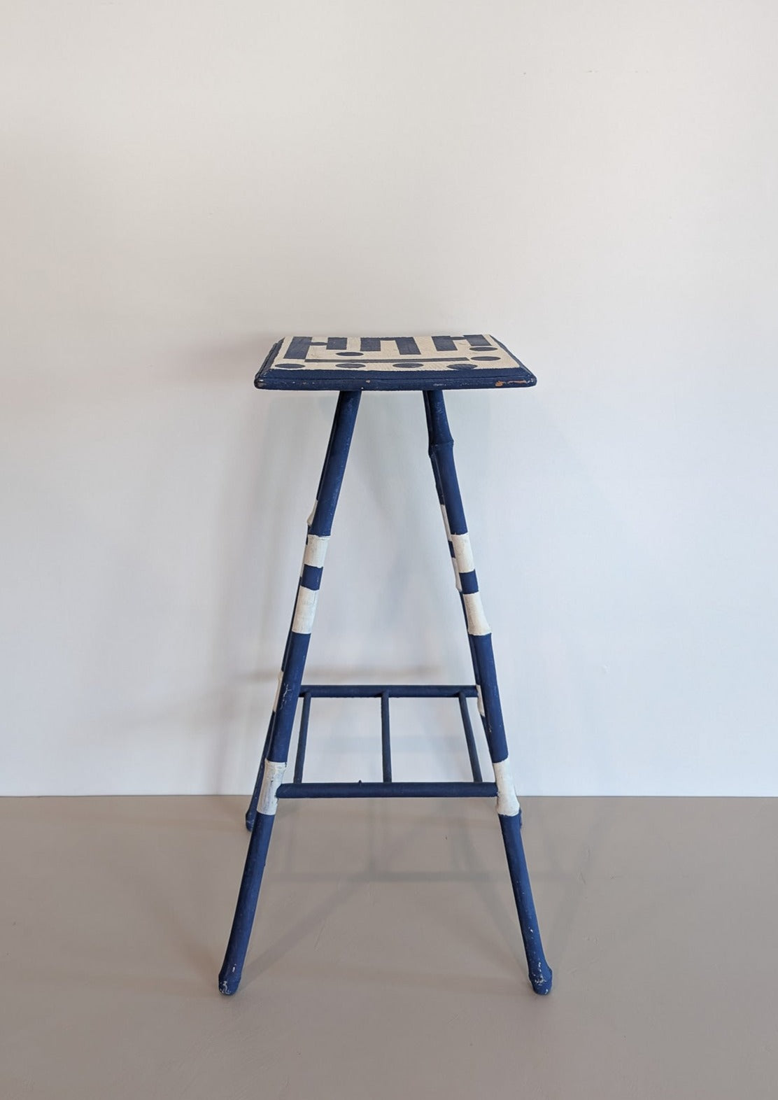 Vintage Blue and White Geometric Folk Art Bamboo Side Table