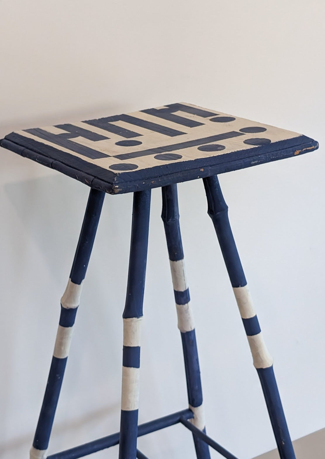 Vintage Blue and White Geometric Folk Art Bamboo Side Table