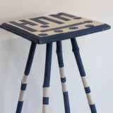 Vintage Blue and White Geometric Folk Art Bamboo Side Table