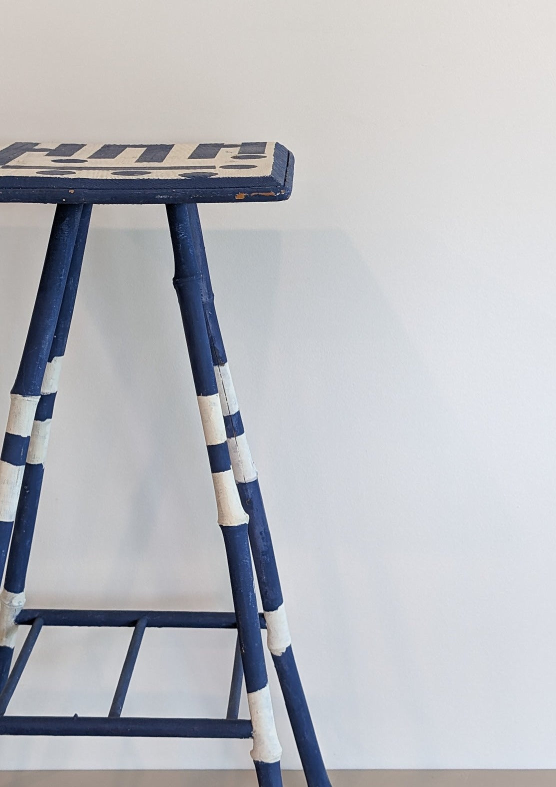 Vintage Blue and White Geometric Folk Art Bamboo Side Table