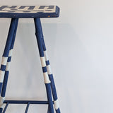 Vintage Blue and White Geometric Folk Art Bamboo Side Table