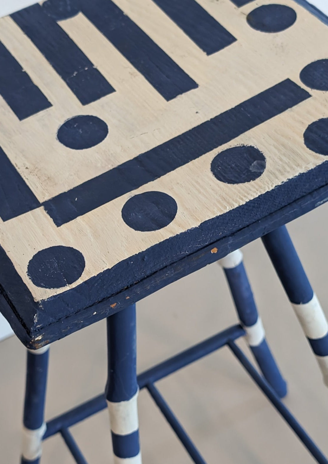 Vintage Blue and White Geometric Folk Art Bamboo Side Table