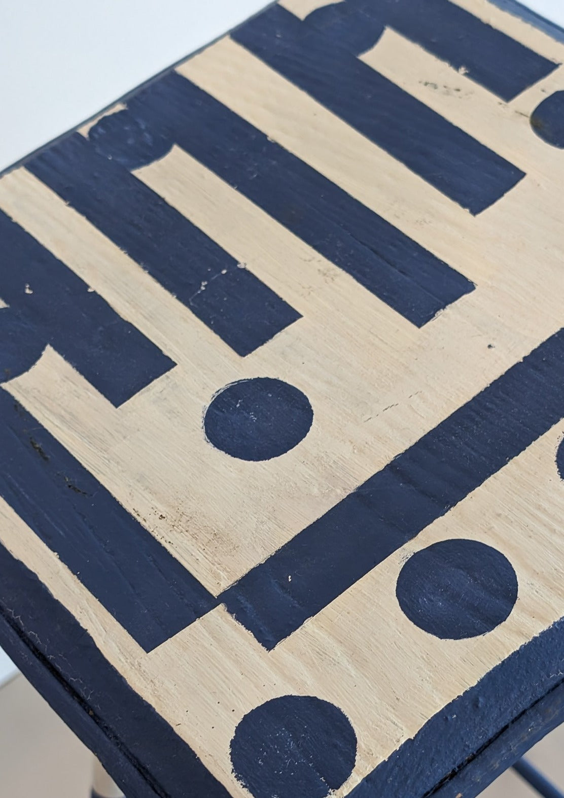 Vintage Blue and White Geometric Folk Art Bamboo Side Table