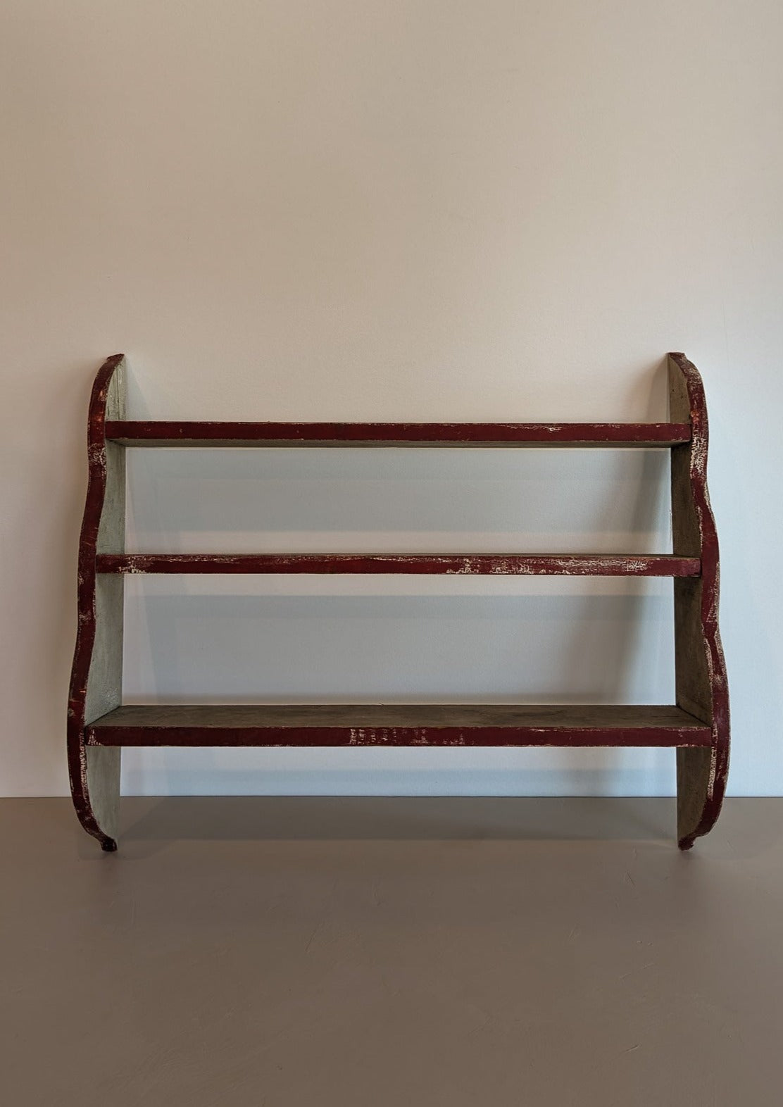 Primitive Red and White Handmade Shelving Unit with Wavy Edge Detailing