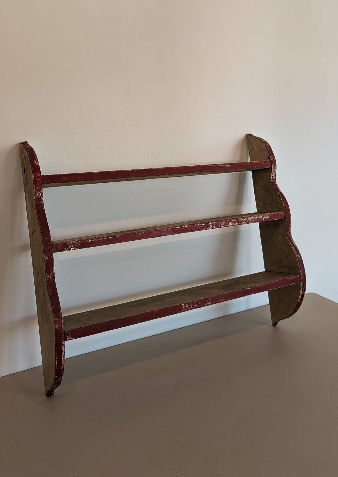 Primitive Red and White Handmade Shelving Unit with Wavy Edge Detailing