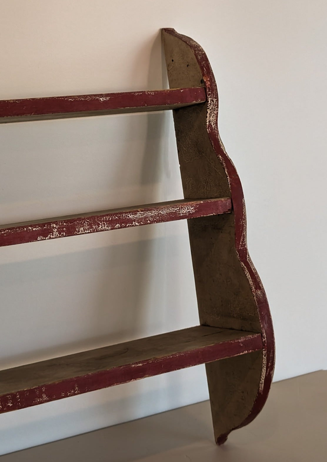 Primitive Red and White Handmade Shelving Unit with Wavy Edge Detailing