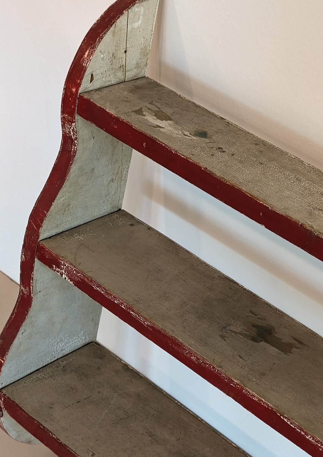 Primitive Red and White Handmade Shelving Unit with Wavy Edge Detailing