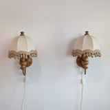 Pair of Rare Vintage Swedish AB Tranås Stilarmatur Pine and Rope Wall Sconces with Original Handmade Fringed Linen Shades