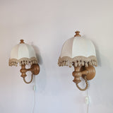 Pair of Rare Vintage Swedish AB Tranås Stilarmatur Pine and Rope Wall Sconces with Original Handmade Fringed Linen Shades