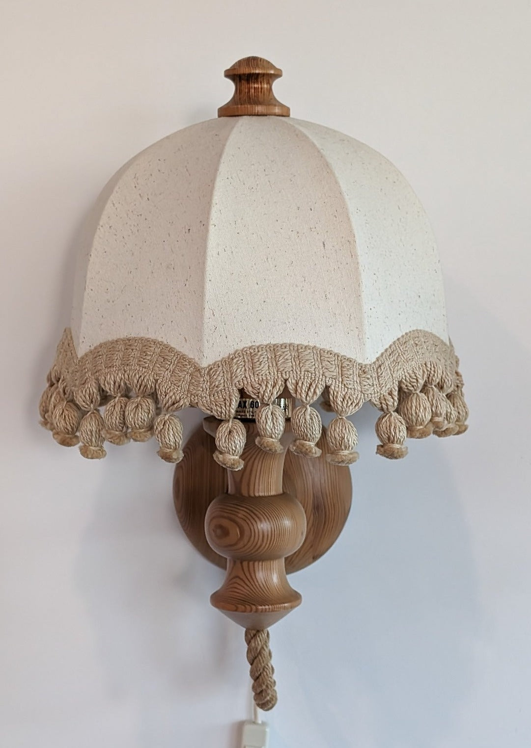 Pair of Rare Vintage Swedish AB Tranås Stilarmatur Pine and Rope Wall Sconces with Original Handmade Fringed Linen Shades