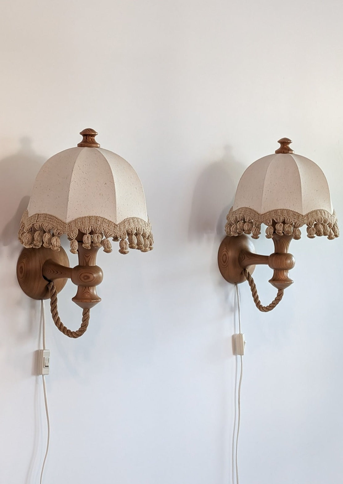 Pair of Rare Vintage Swedish AB Tranås Stilarmatur Pine and Rope Wall Sconces with Original Handmade Fringed Linen Shades