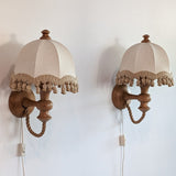 Pair of Rare Vintage Swedish AB Tranås Stilarmatur Pine and Rope Wall Sconces with Original Handmade Fringed Linen Shades