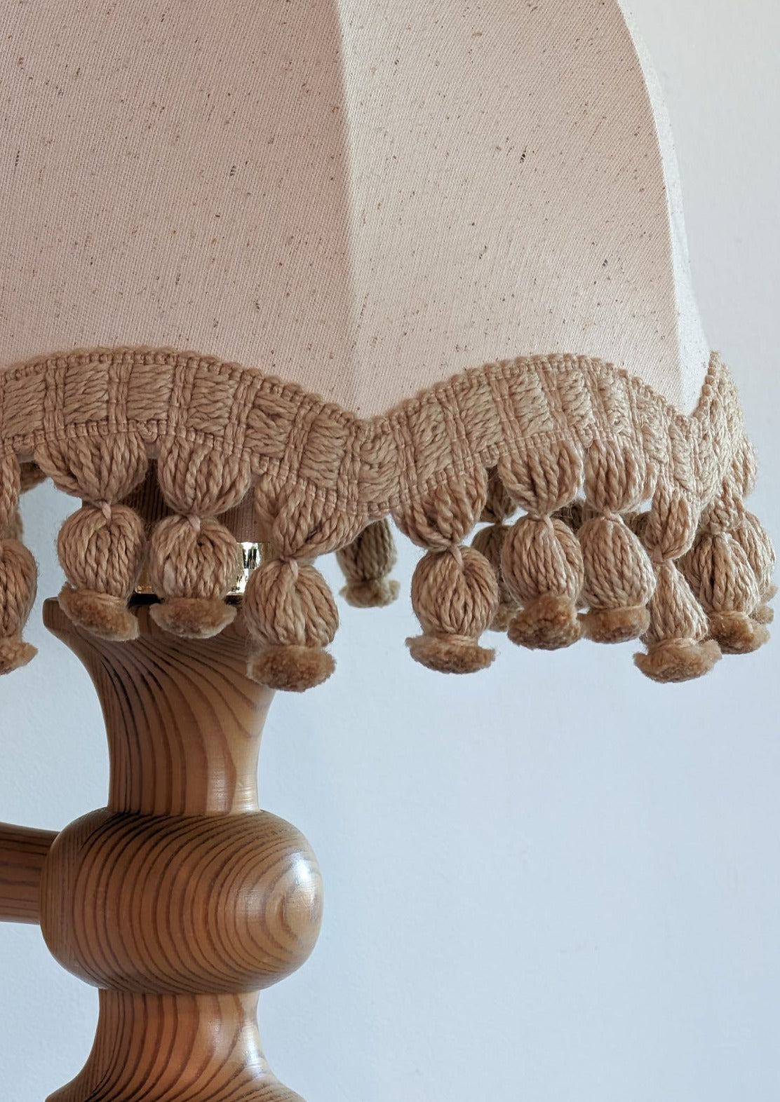 Pair of Rare Vintage Swedish AB Tranås Stilarmatur Pine and Rope Wall Sconces with Original Handmade Fringed Linen Shades