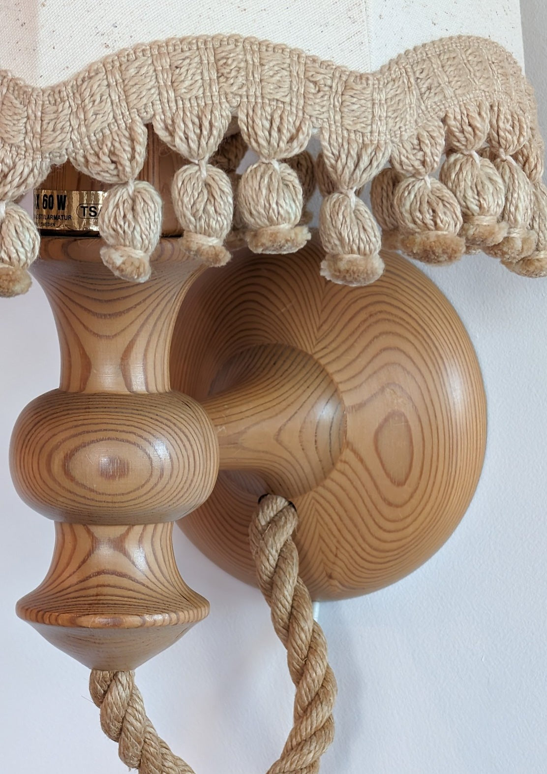 Pair of Rare Vintage Swedish AB Tranås Stilarmatur Pine and Rope Wall Sconces with Original Handmade Fringed Linen Shades