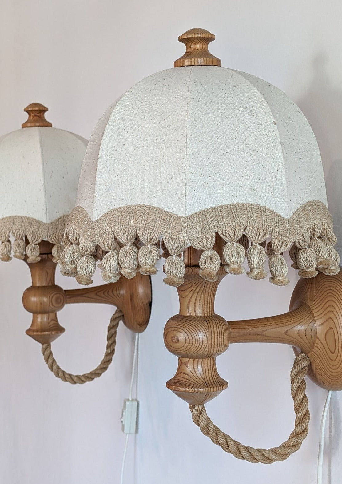 Pair of Rare Vintage Swedish AB Tranås Stilarmatur Pine and Rope Wall Sconces with Original Handmade Fringed Linen Shades