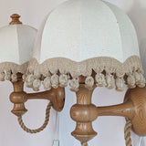 Pair of Rare Vintage Swedish AB Tranås Stilarmatur Pine and Rope Wall Sconces with Original Handmade Fringed Linen Shades