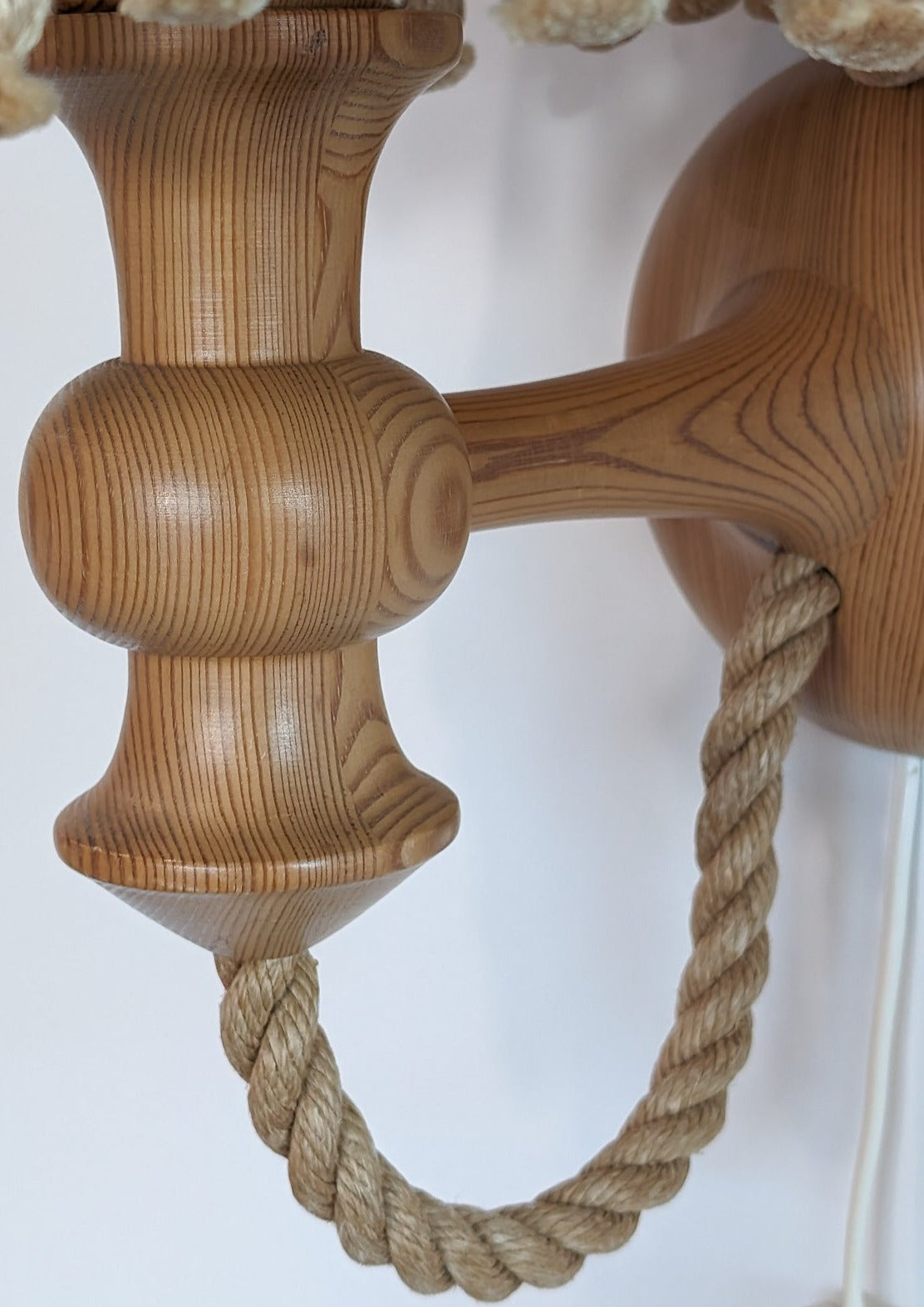 Pair of Rare Vintage Swedish AB Tranås Stilarmatur Pine and Rope Wall Sconces with Original Handmade Fringed Linen Shades