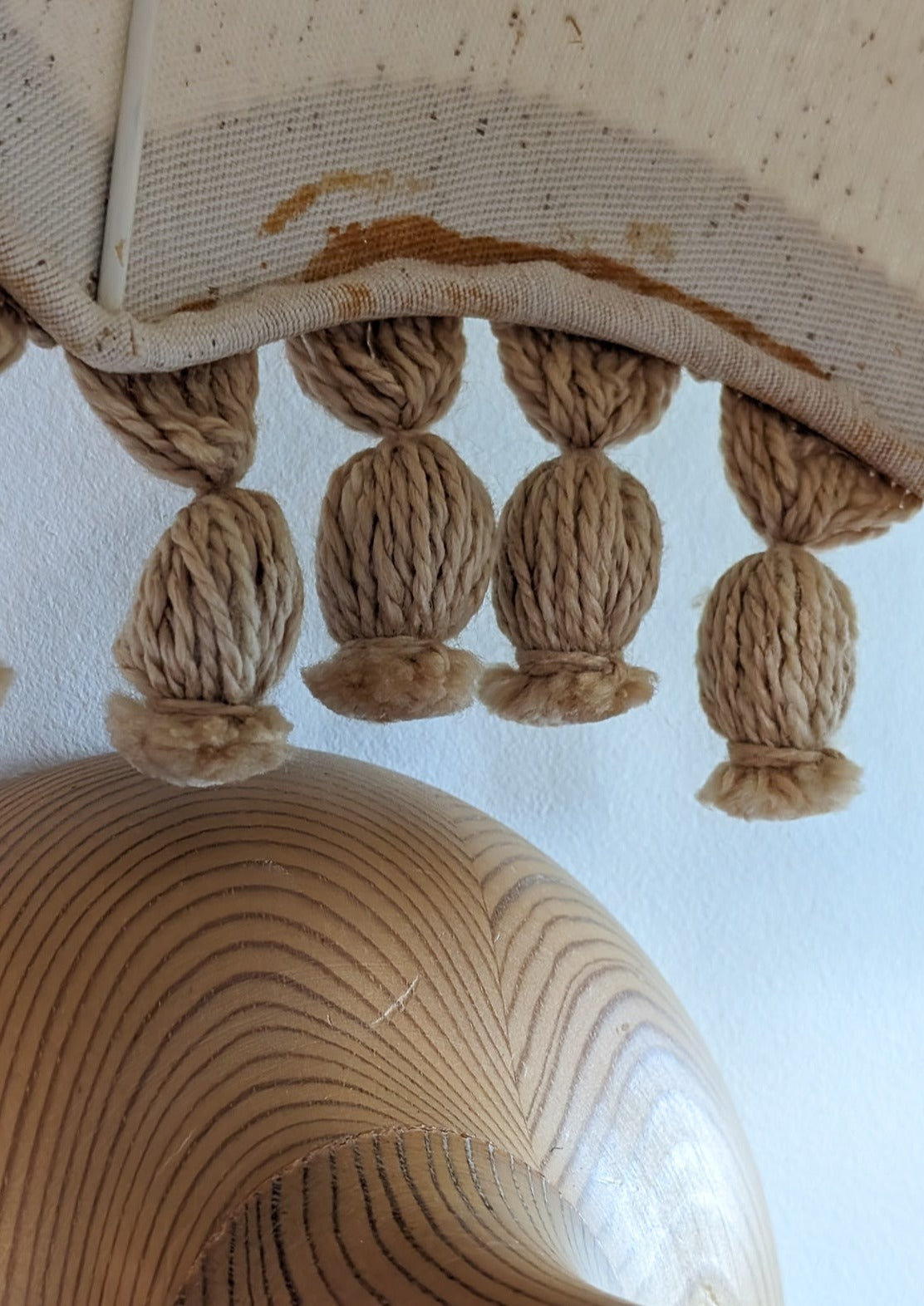 Pair of Rare Vintage Swedish AB Tranås Stilarmatur Pine and Rope Wall Sconces with Original Handmade Fringed Linen Shades