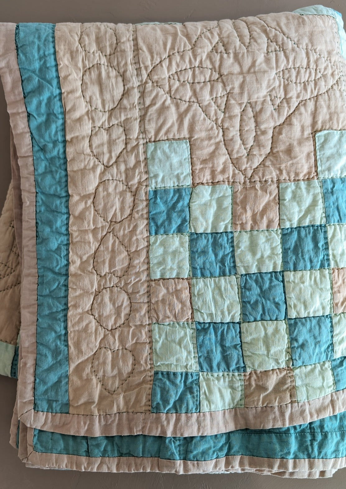 1930s Vintage Double Irish Chain Quilt with Peach and Teals 78" x 60"