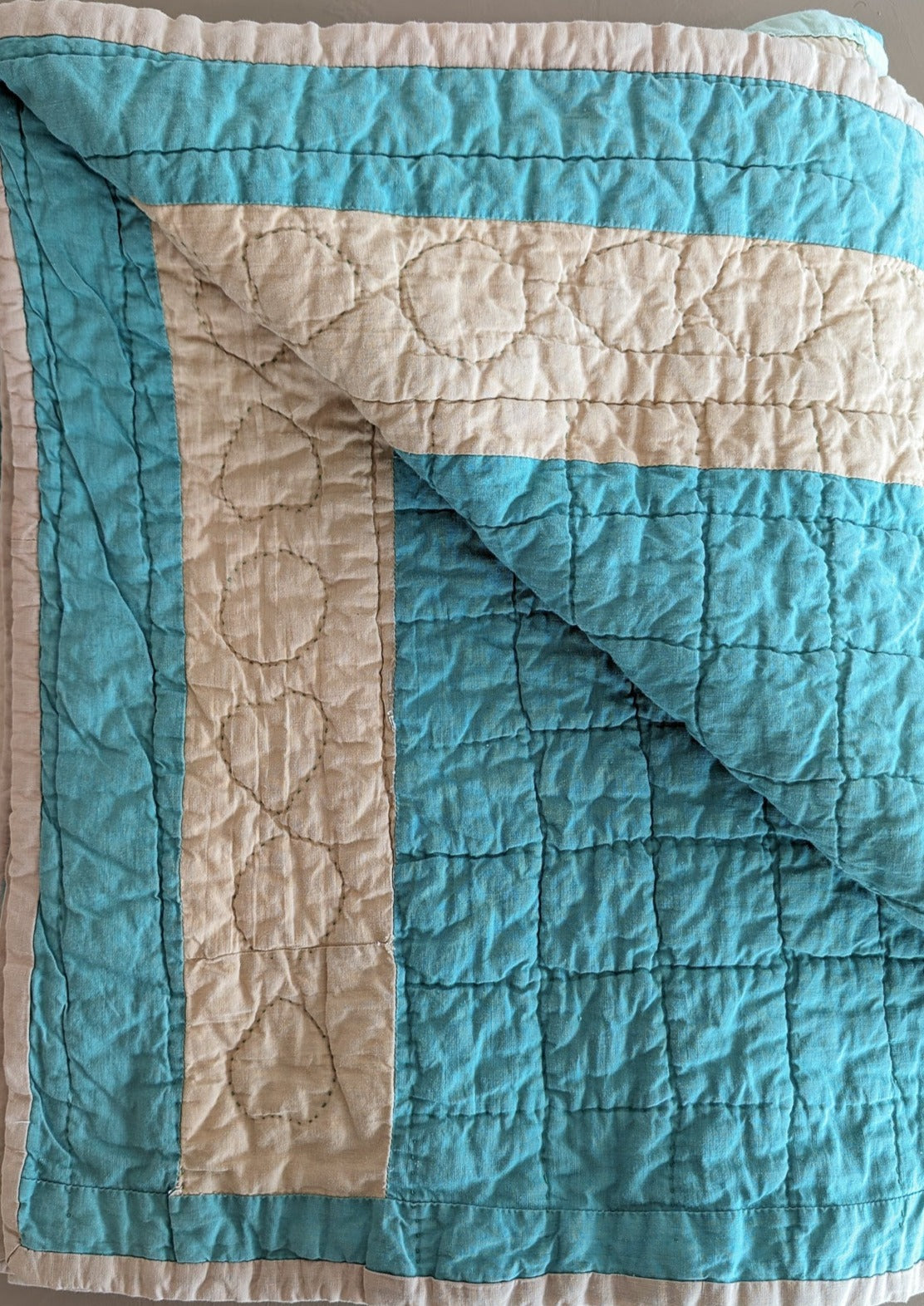 1930s Vintage Double Irish Chain Quilt with Peach and Teals 78" x 60"