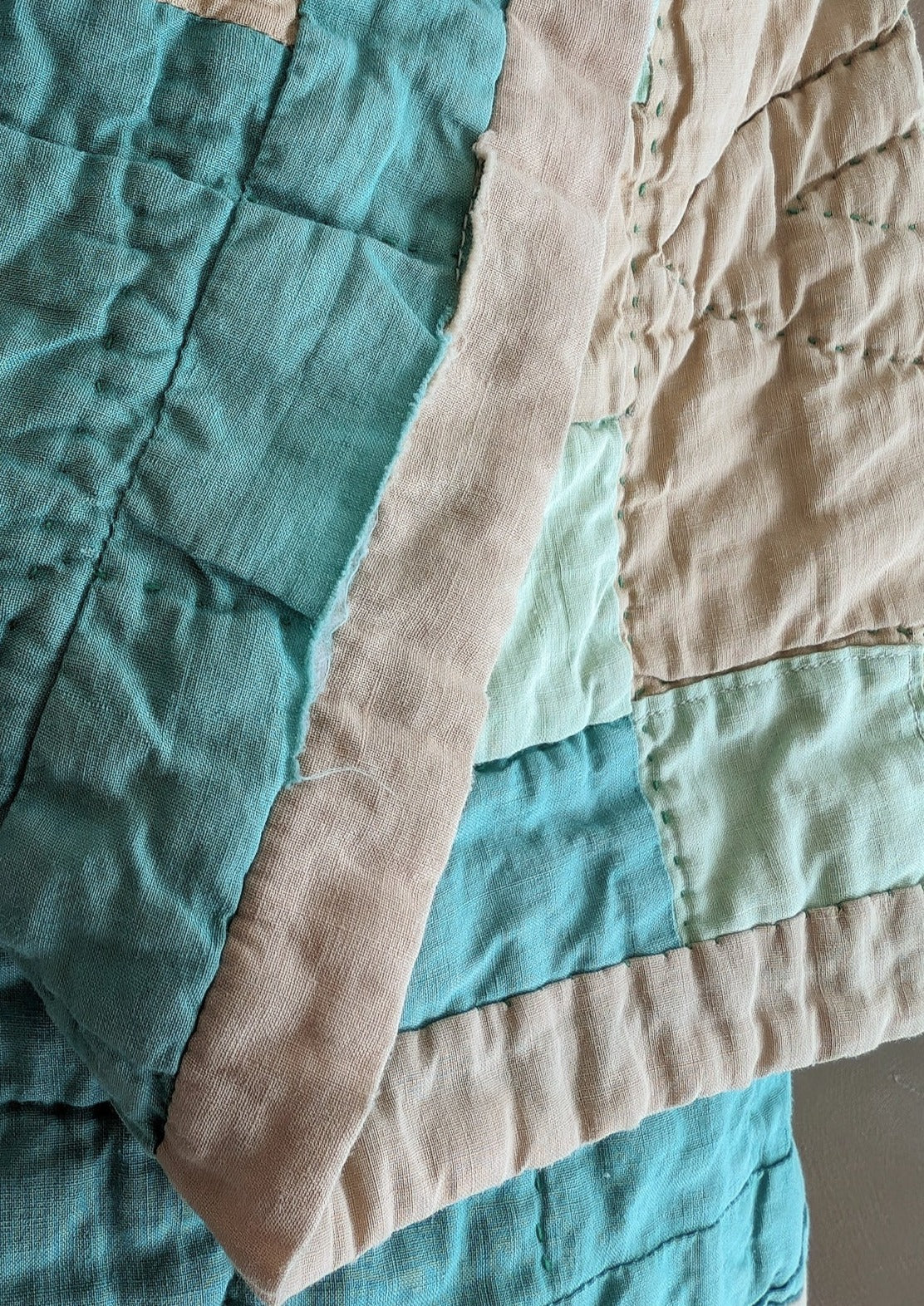 1930s Vintage Double Irish Chain Quilt with Peach and Teals 78" x 60"