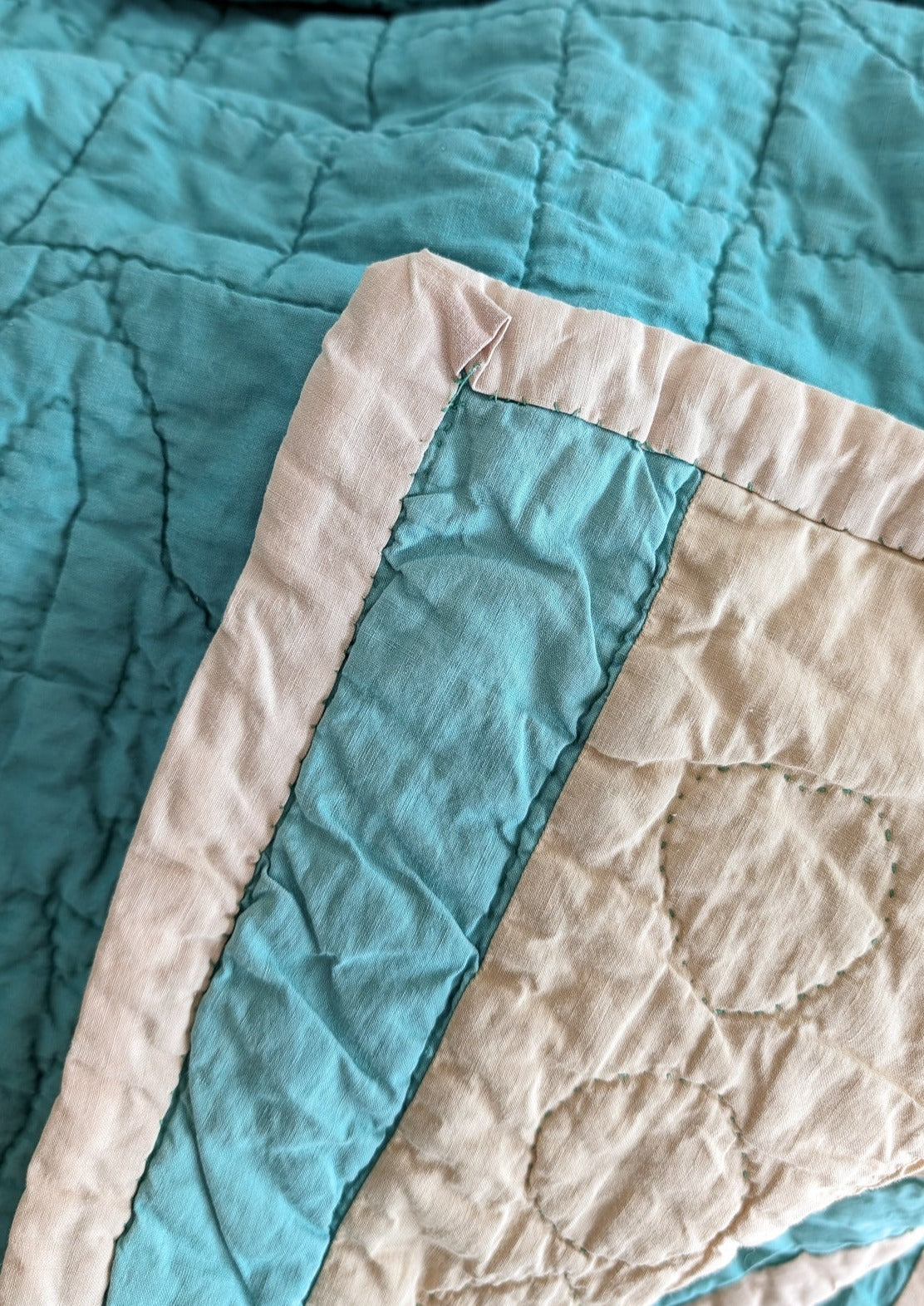 1930s Vintage Double Irish Chain Quilt with Peach and Teals 78" x 60"