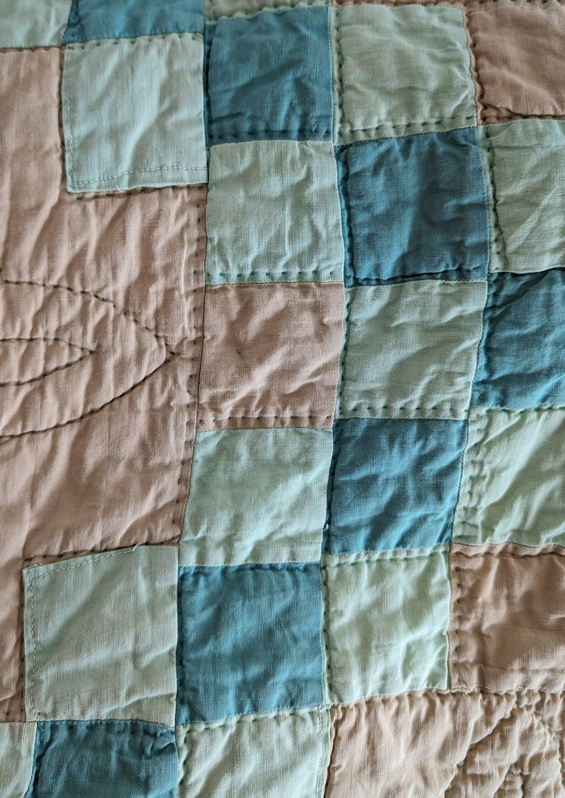 1930s Vintage Double Irish Chain Quilt with Peach and Teals 78" x 60"