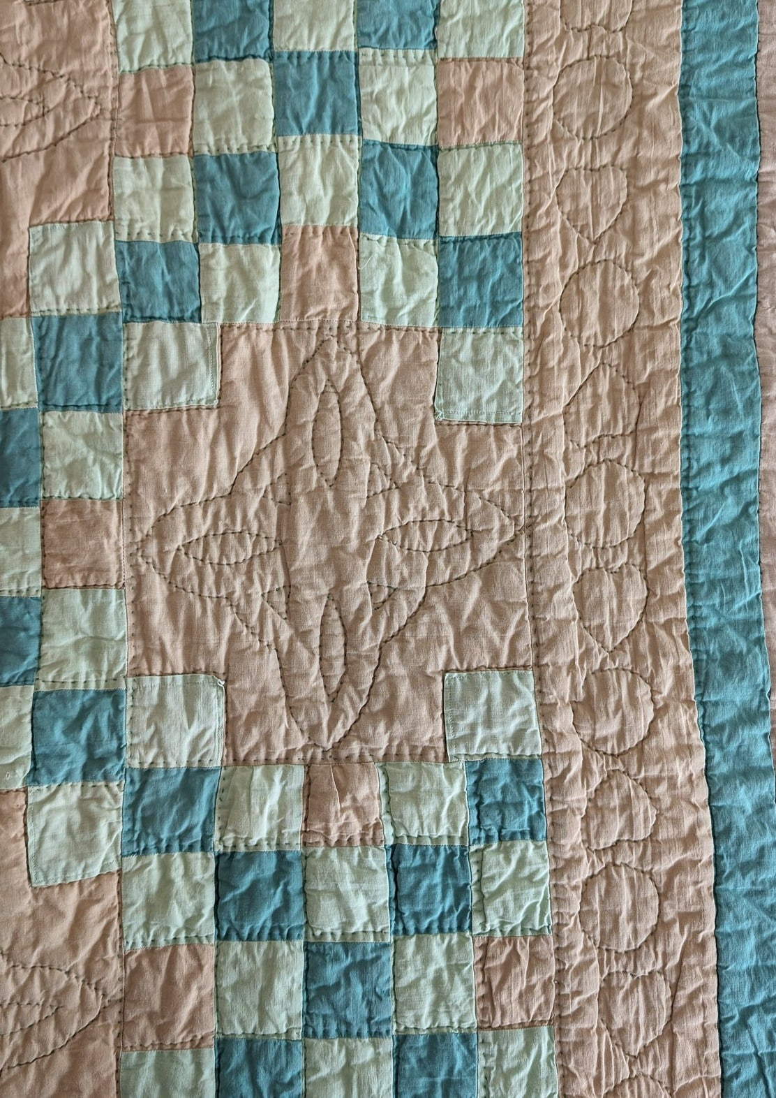 1930s Vintage Double Irish Chain Quilt with Peach and Teals 78" x 60"