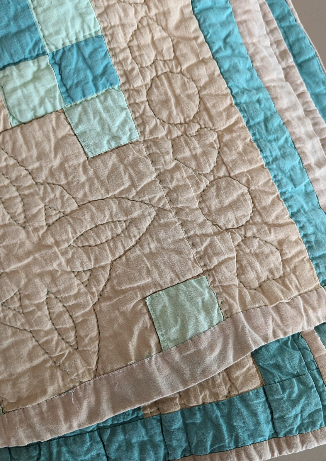 1930s Vintage Double Irish Chain Quilt with Peach and Teals 78" x 60"