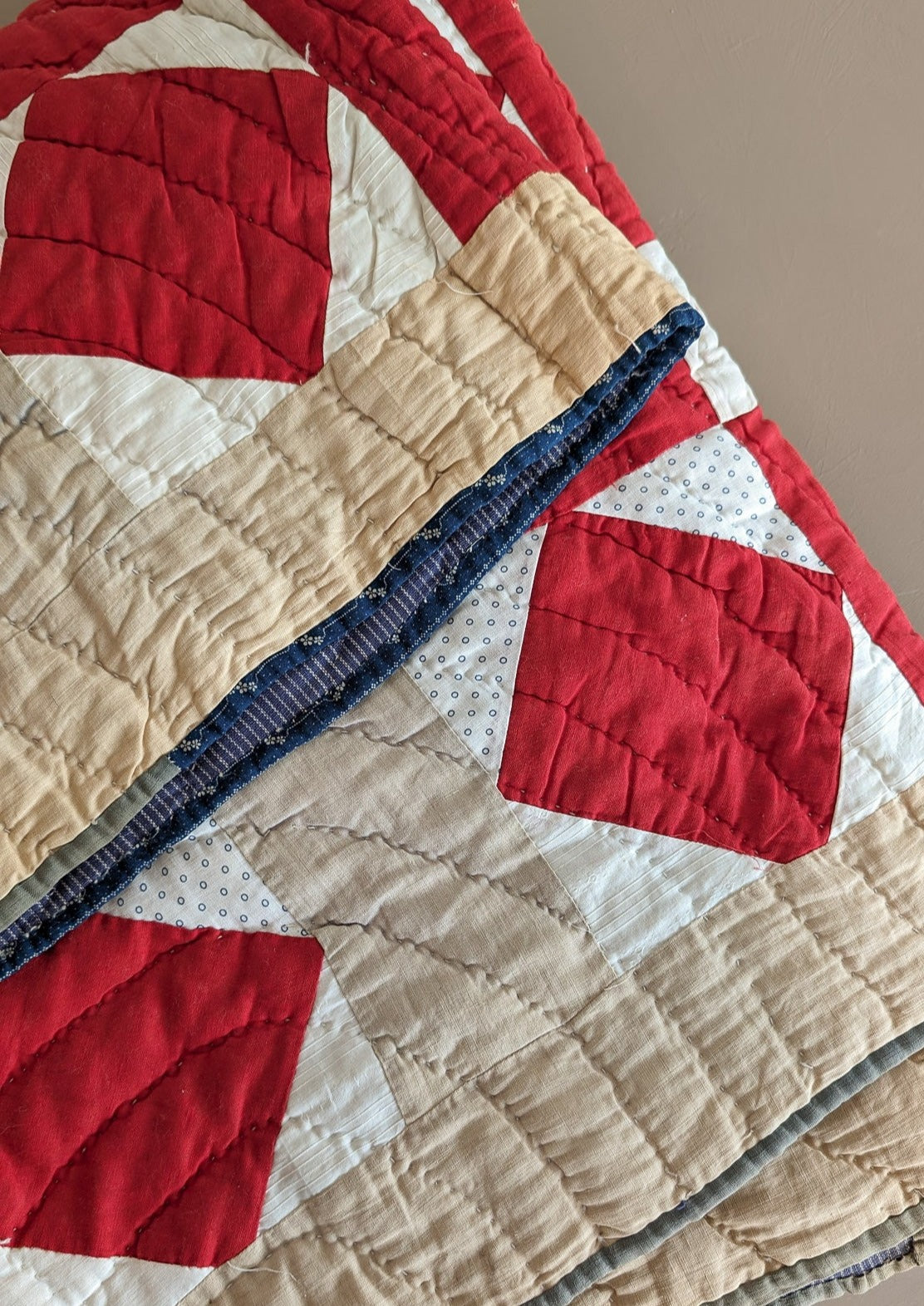 1890s/1900s Antique Quilt with Red, Orange, Tan and Cream with Blue Ticking Back 79" x 68"