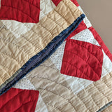 1890s/1900s Antique Quilt with Red, Orange, Tan and Cream with Blue Ticking Back 79" x 68"