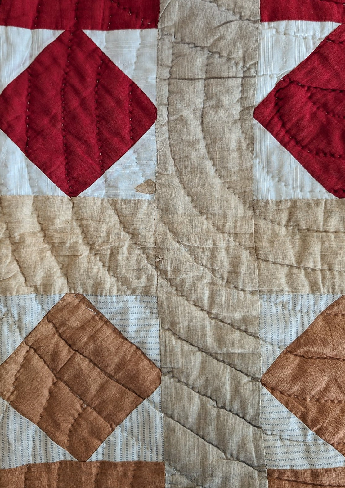 1890s/1900s Antique Quilt with Red, Orange, Tan and Cream with Blue Ticking Back 79" x 68"