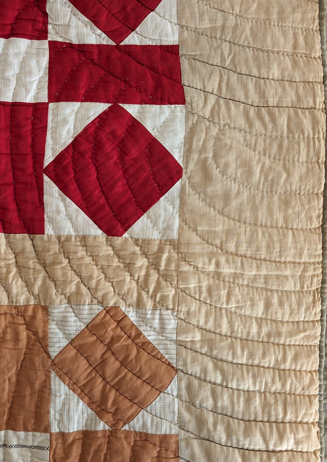 1890s/1900s Antique Quilt with Red, Orange, Tan and Cream with Blue Ticking Back 79" x 68"