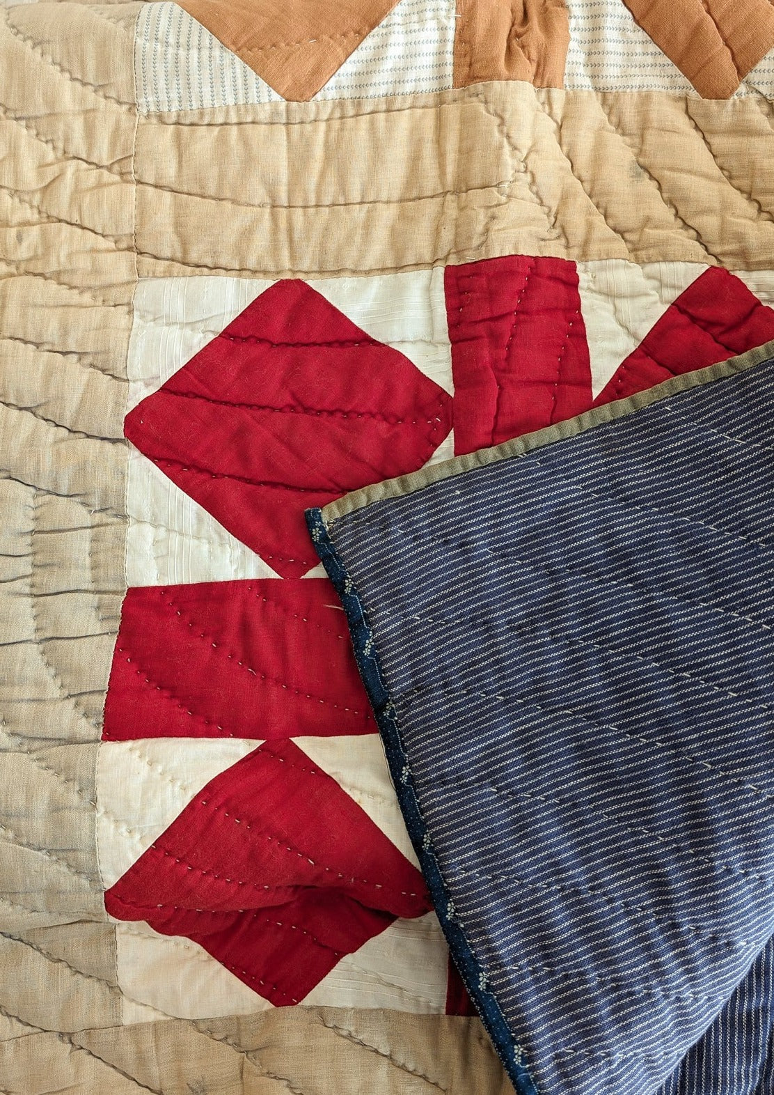 1890s/1900s Antique Quilt with Red, Orange, Tan and Cream with Blue Ticking Back 79" x 68"