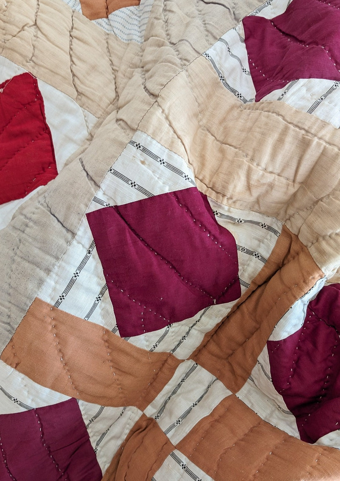 1890s/1900s Antique Quilt with Red, Orange, Tan and Cream with Blue Ticking Back 79" x 68"