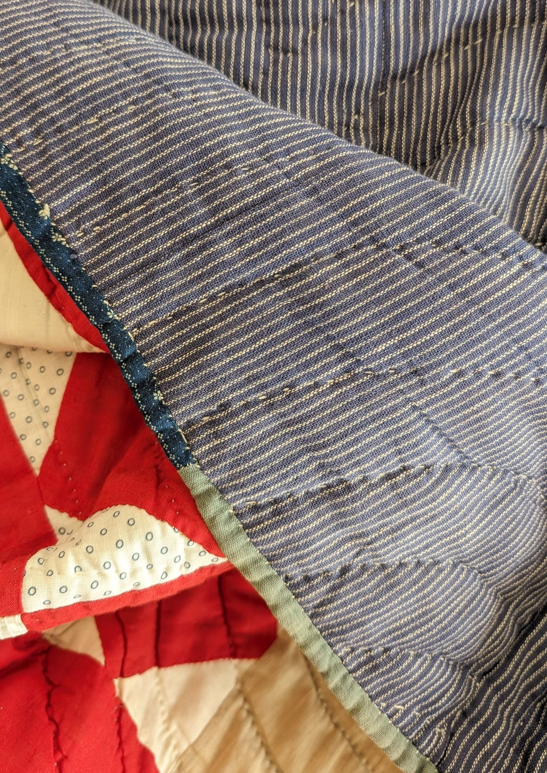 1890s/1900s Antique Quilt with Red, Orange, Tan and Cream with Blue Ticking Back 79" x 68"