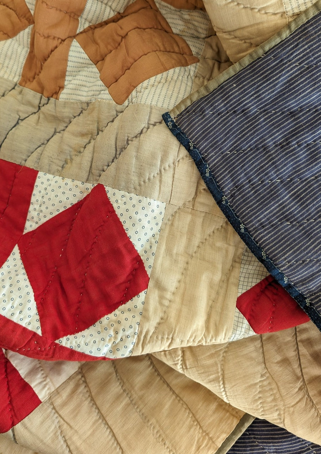 1890s/1900s Antique Quilt with Red, Orange, Tan and Cream with Blue Ticking Back 79" x 68"