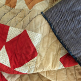 1890s/1900s Antique Quilt with Red, Orange, Tan and Cream with Blue Ticking Back 79" x 68"