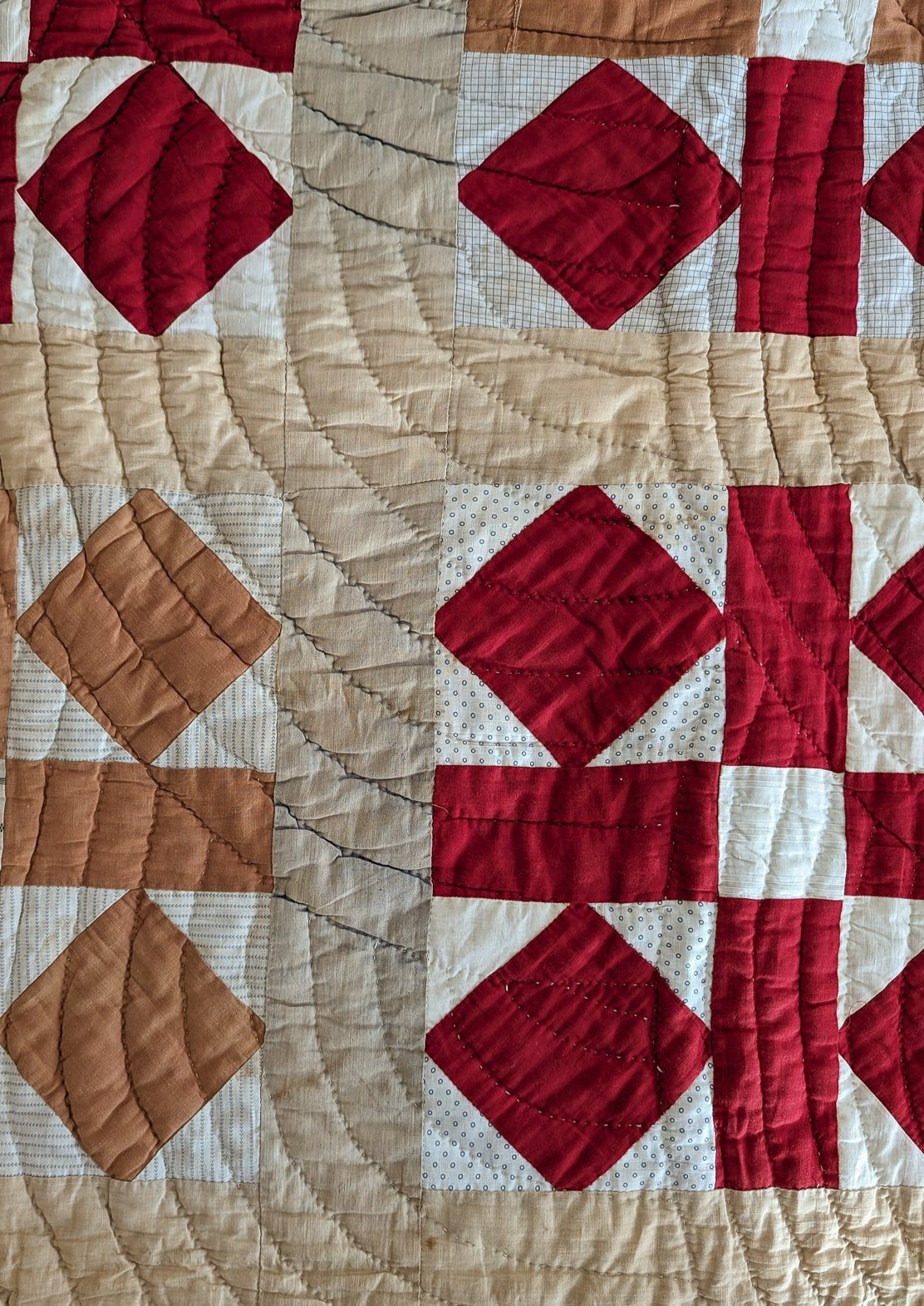 1890s/1900s Antique Quilt with Red, Orange, Tan and Cream with Blue Ticking Back 79" x 68"