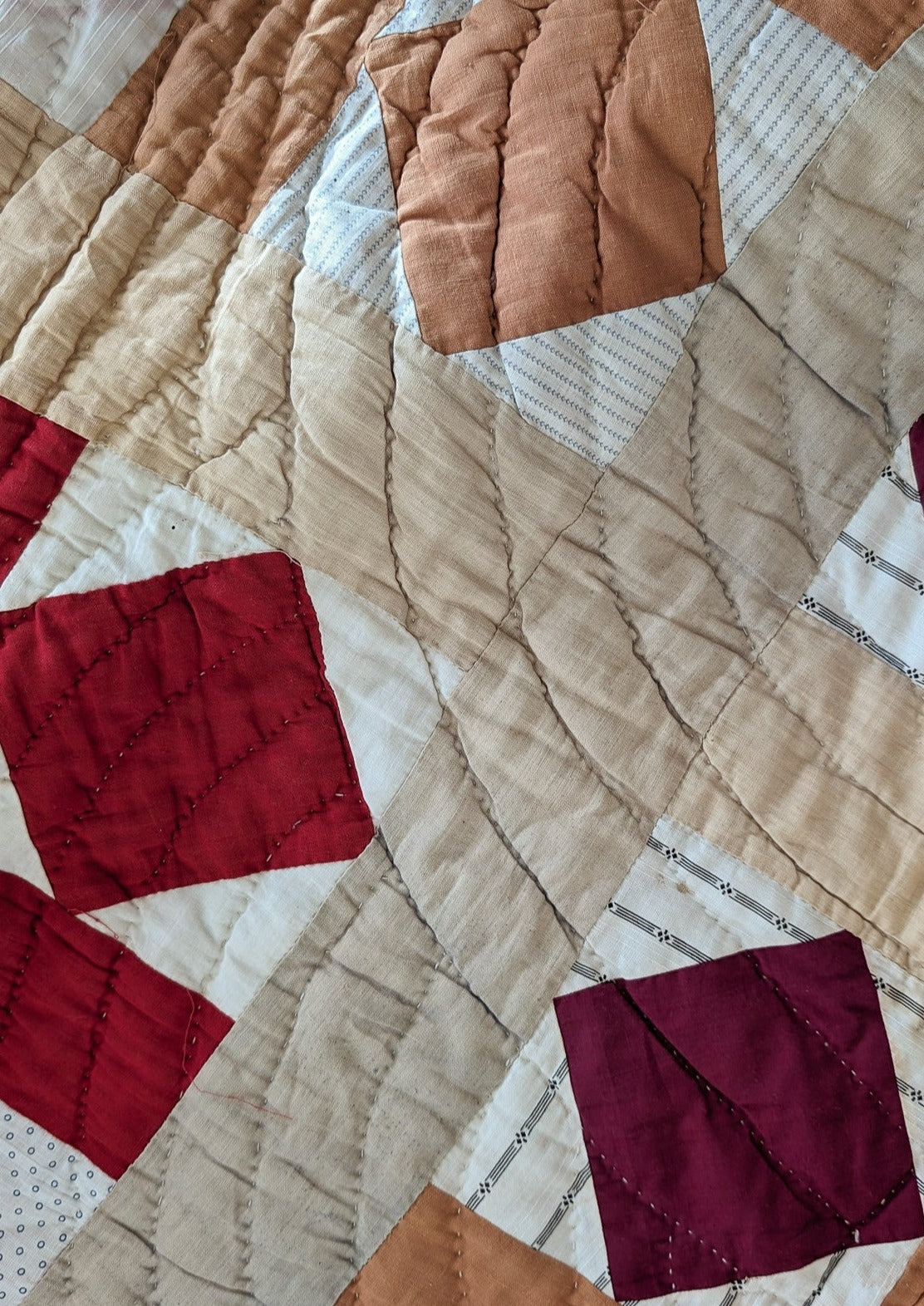 1890s/1900s Antique Quilt with Red, Orange, Tan and Cream with Blue Ticking Back 79" x 68"