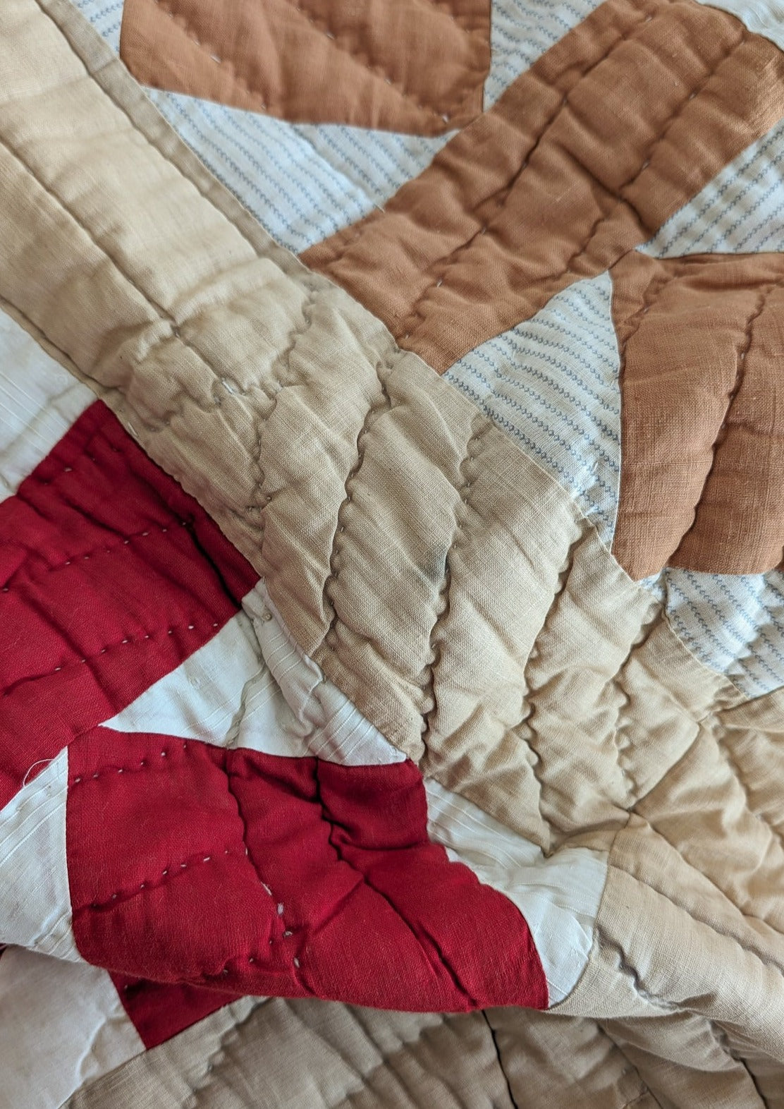 1890s/1900s Antique Quilt with Red, Orange, Tan and Cream with Blue Ticking Back 79" x 68"